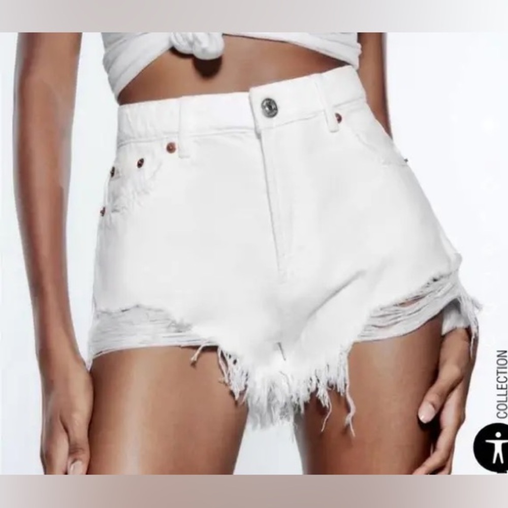 Zara White Distressed Denim Shorts